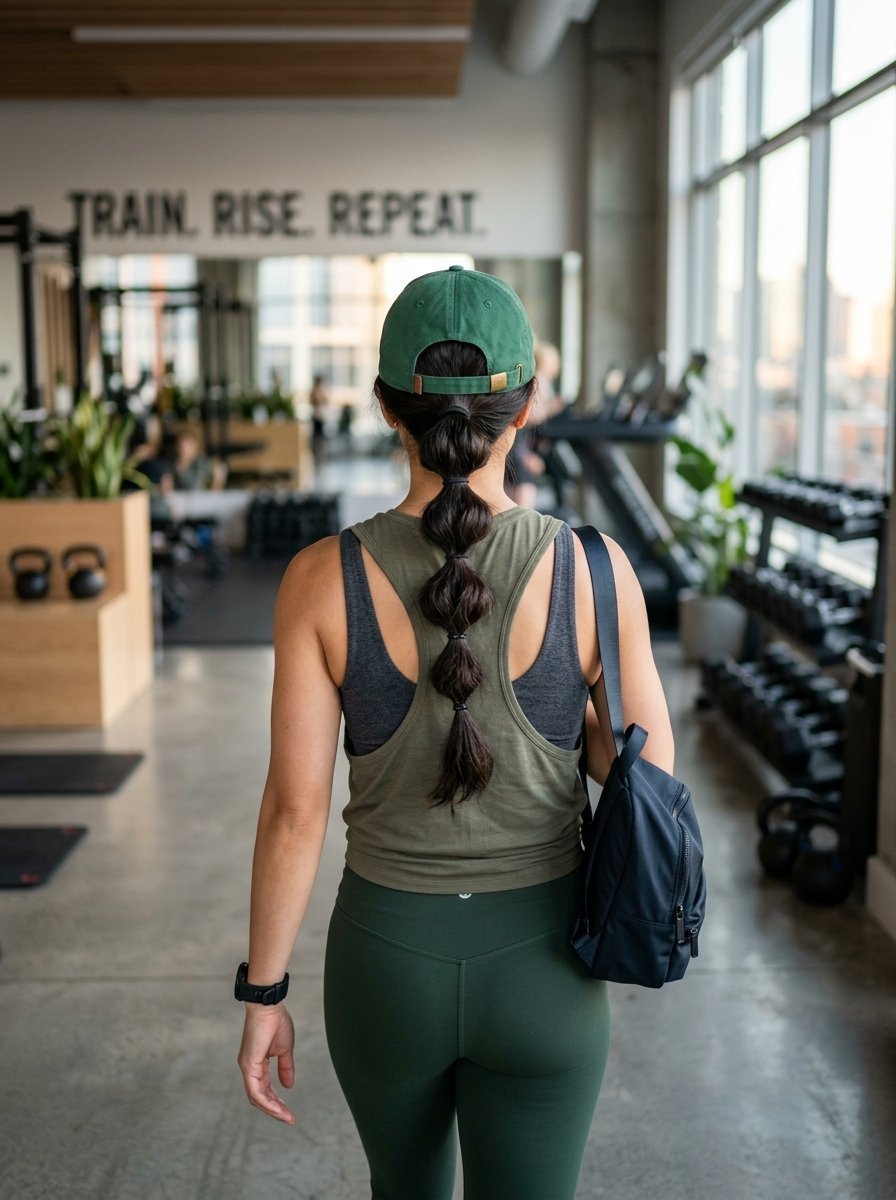 Back view of a woman in an olive green tank top and leggings walking through a gym with motivational wall text.