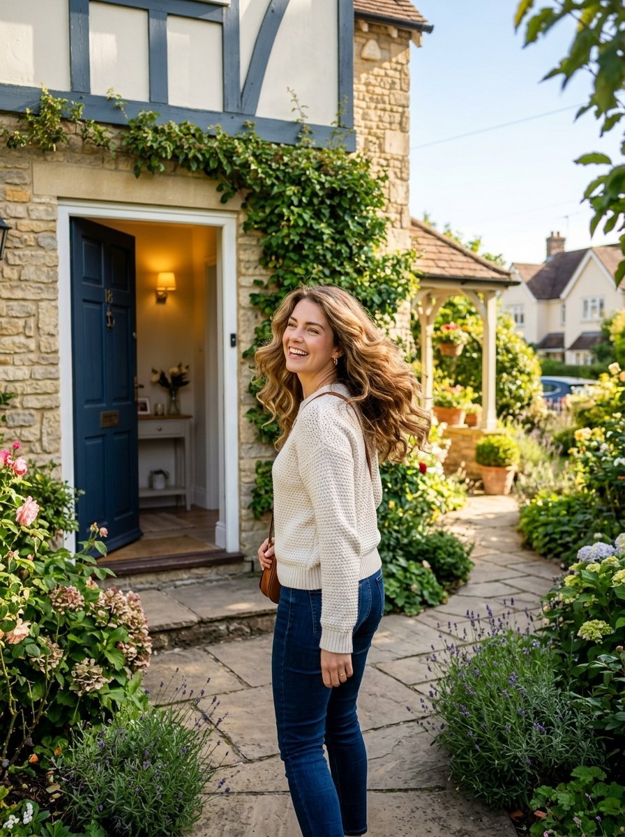 Young woman with long wavy hair smiling as she enters a house with a blue door and lush flower garden.