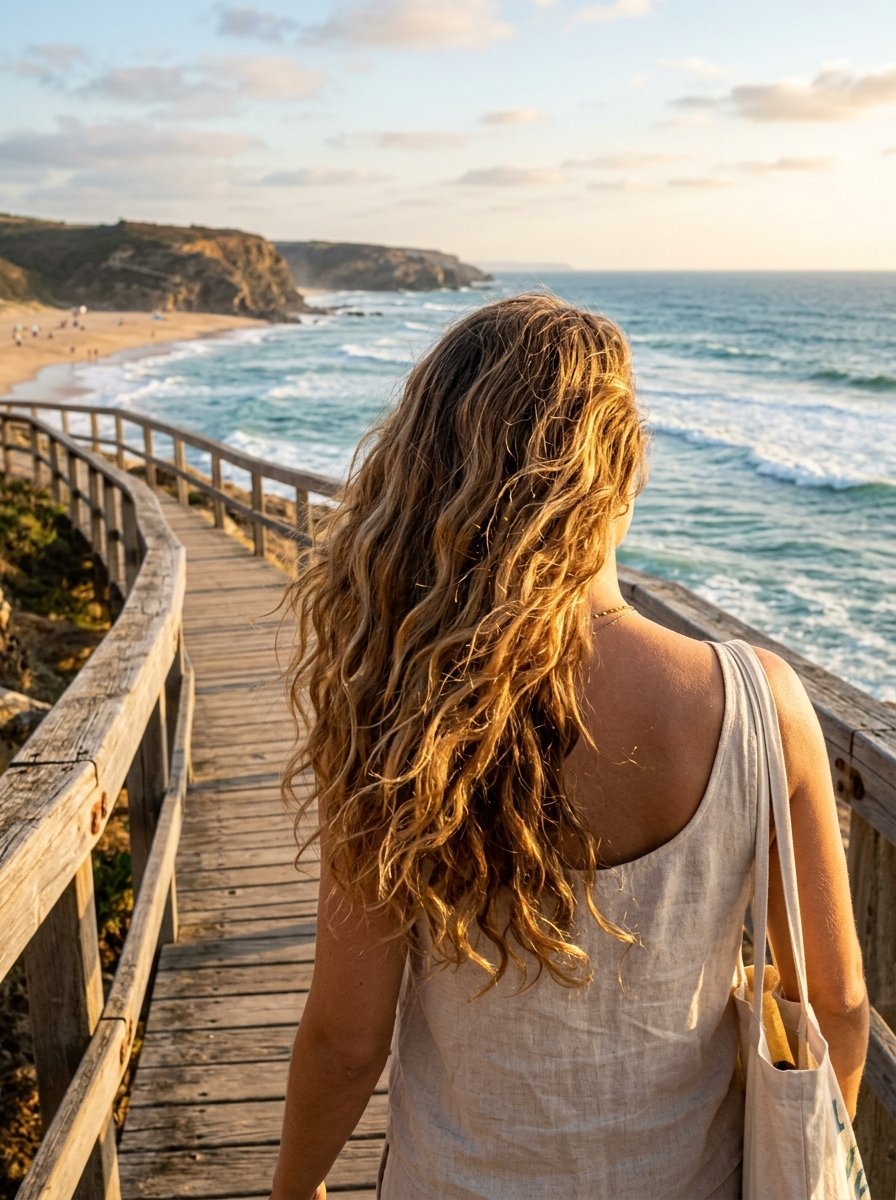 Back view of a woman with long wavy hair walking on a wooden boardwalk overlooking the ocean at sunset.