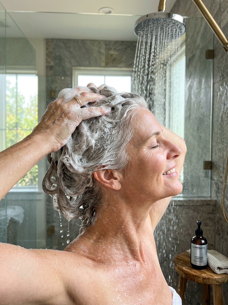 A smiling woman with silver hair applying lathering shampoo under a rain shower head in a tiled bathroom.