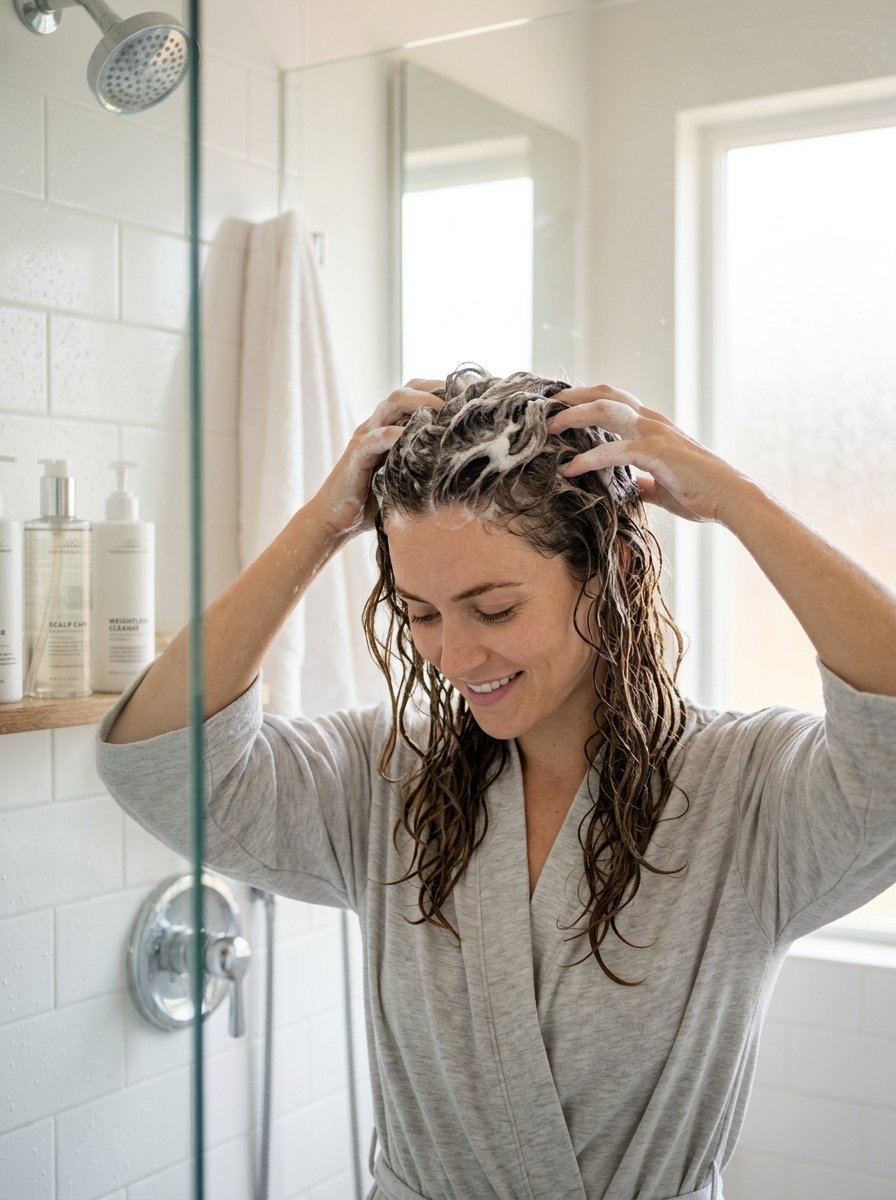 A woman in a grey robe smiling while massaging soapy lather into her wet hair while standing in a tiled shower.