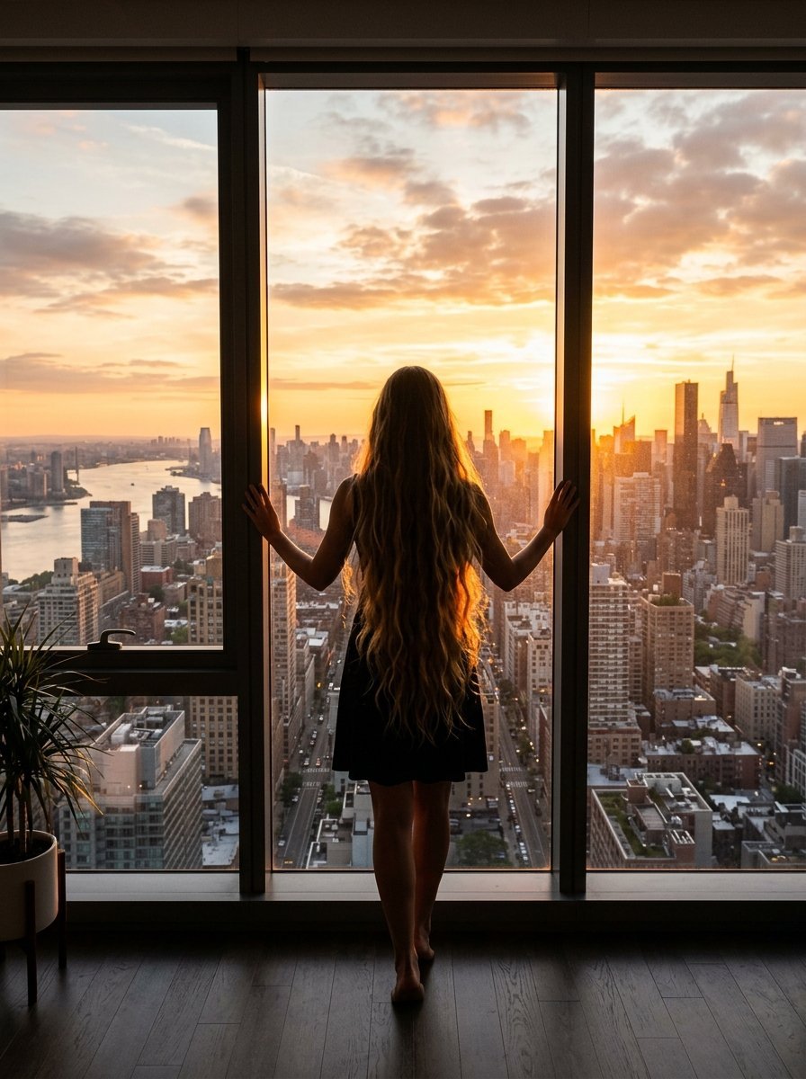Back view of a woman with long wavy hair standing before a window overlooking a dense cityscape at sunset.