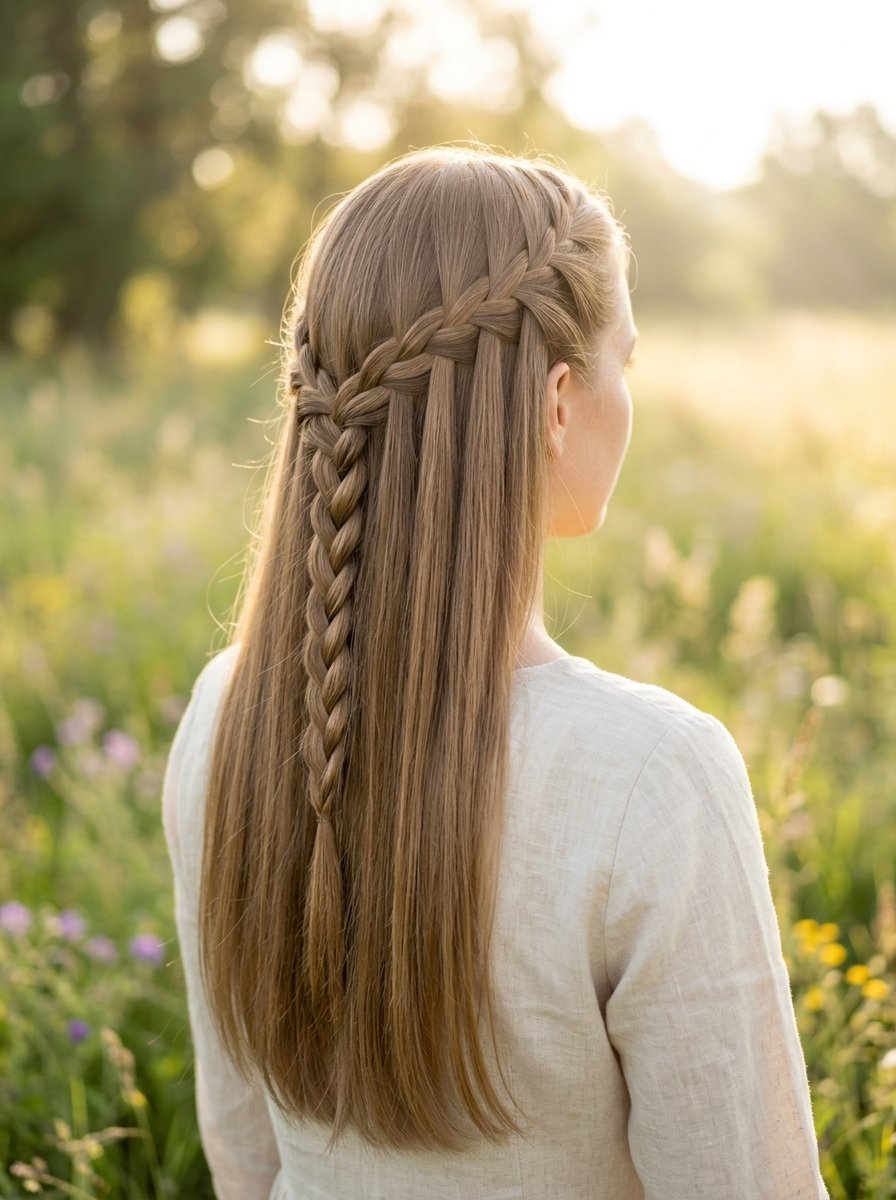 Close up of long blonde hair styled in a decorative waterfall braid seen from behind in a grassy meadow.