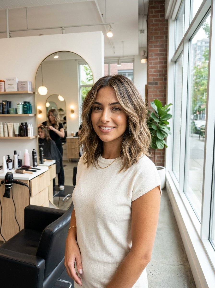 A woman with highlighted shoulder-length hair poses in a modern hair salon with brick walls.