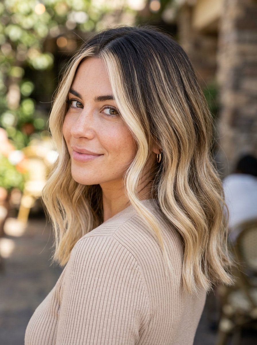 Close-up portrait of a woman with blonde face-framing highlights and wavy dark brown hair wearing a beige sweater.