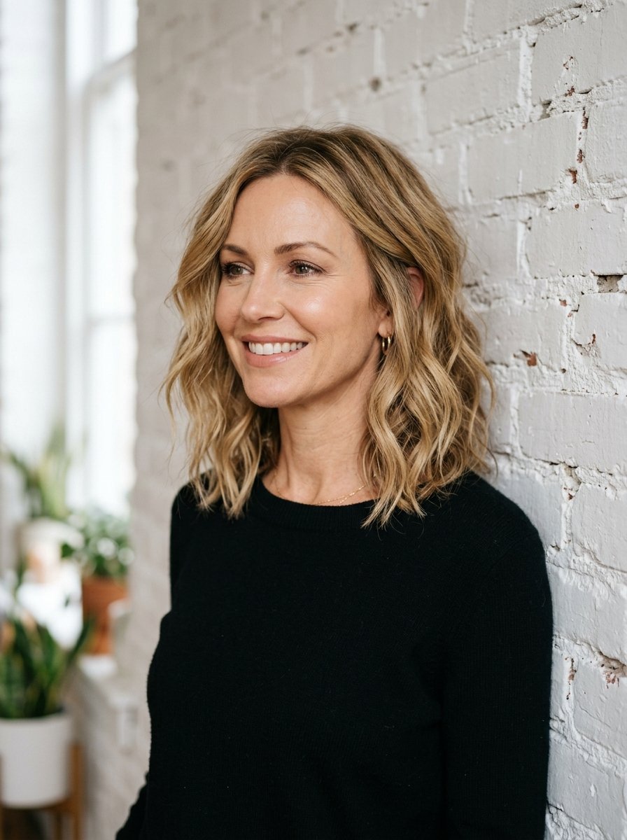 Portrait of a blonde woman wearing a black sweater standing by a white painted brick wall indoors.