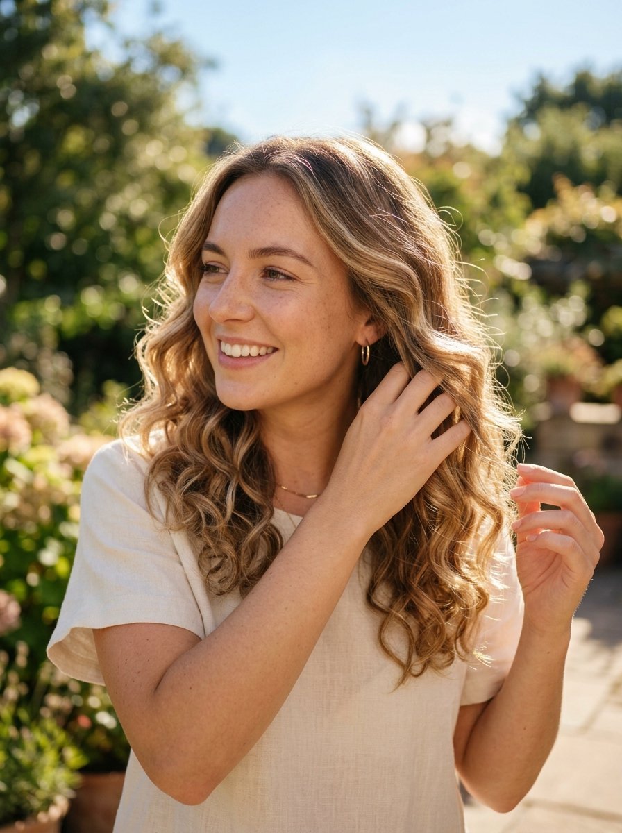 Portrait of a smiling woman with wavy highlighted hair touching a strand while outdoors in a garden.