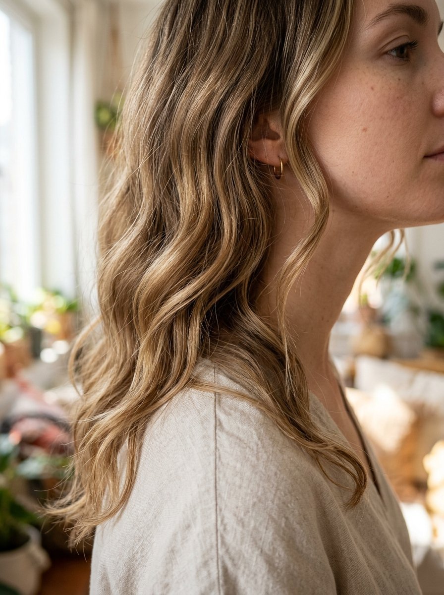 Close up of a woman showing her wavy blonde hair and a small gold earring in a bright indoor setting.