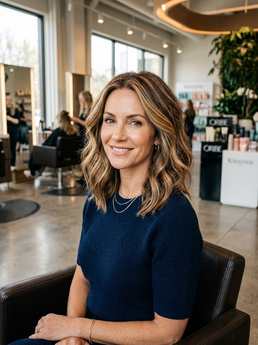 Portrait of a woman with highlighted shoulder-length waves sitting in a professional hair styling chair.