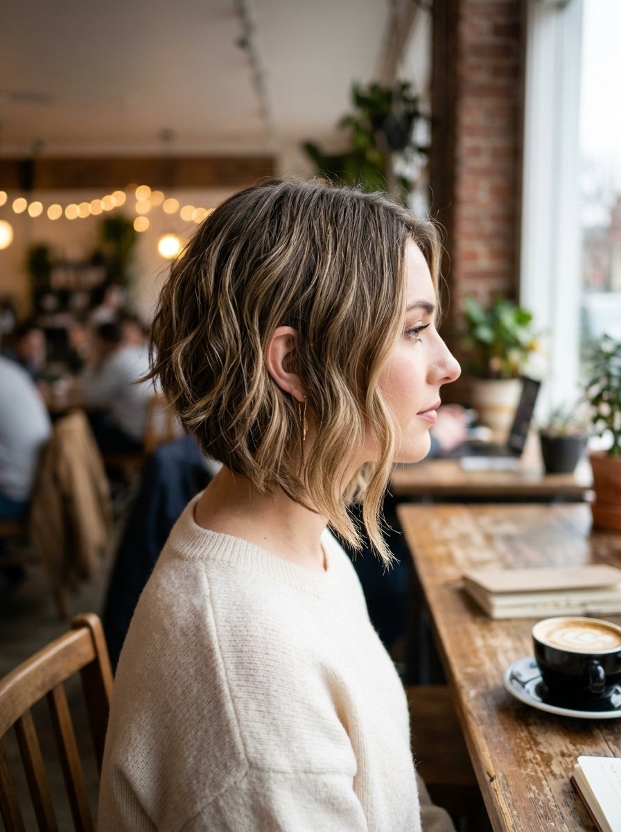 Profile view of a young woman with a short wavy brown bob wearing a cream sweater in a coffee shop.