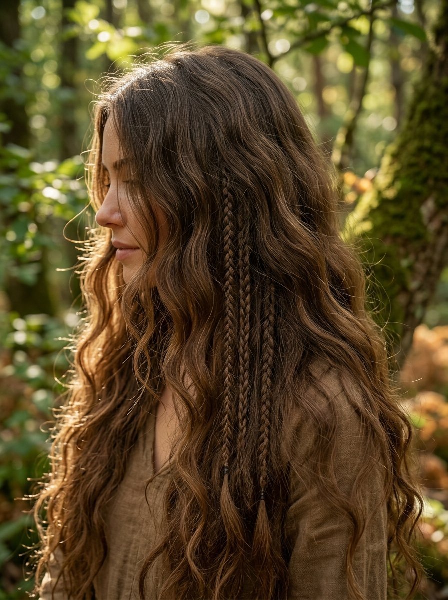 Close up of a woman with long wavy brown hair featuring small braids in a sunlit forest.