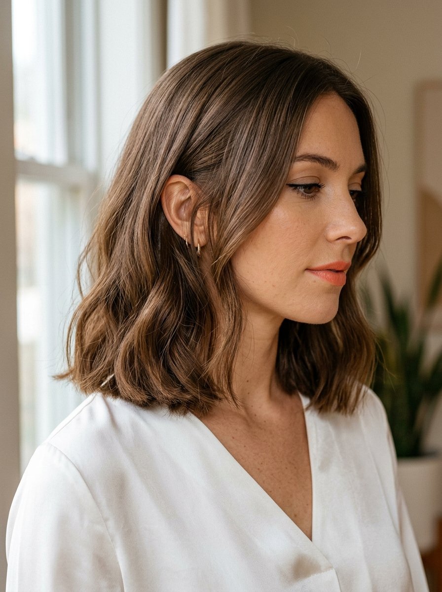 Profile view of a woman with medium length brown wavy hair wearing a white v-neck shirt.