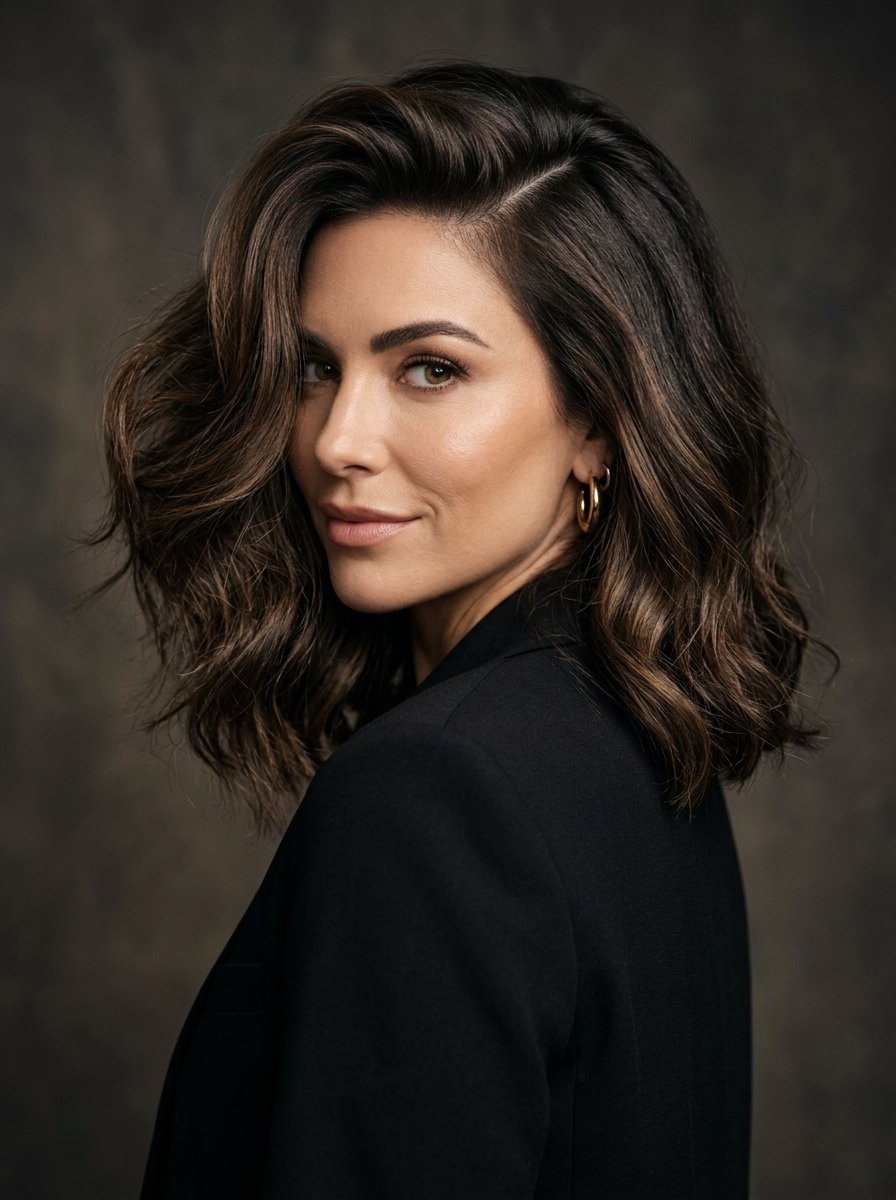 Close-up of a smiling woman with shoulder-length brunette hair wearing a black blazer against a dark background.