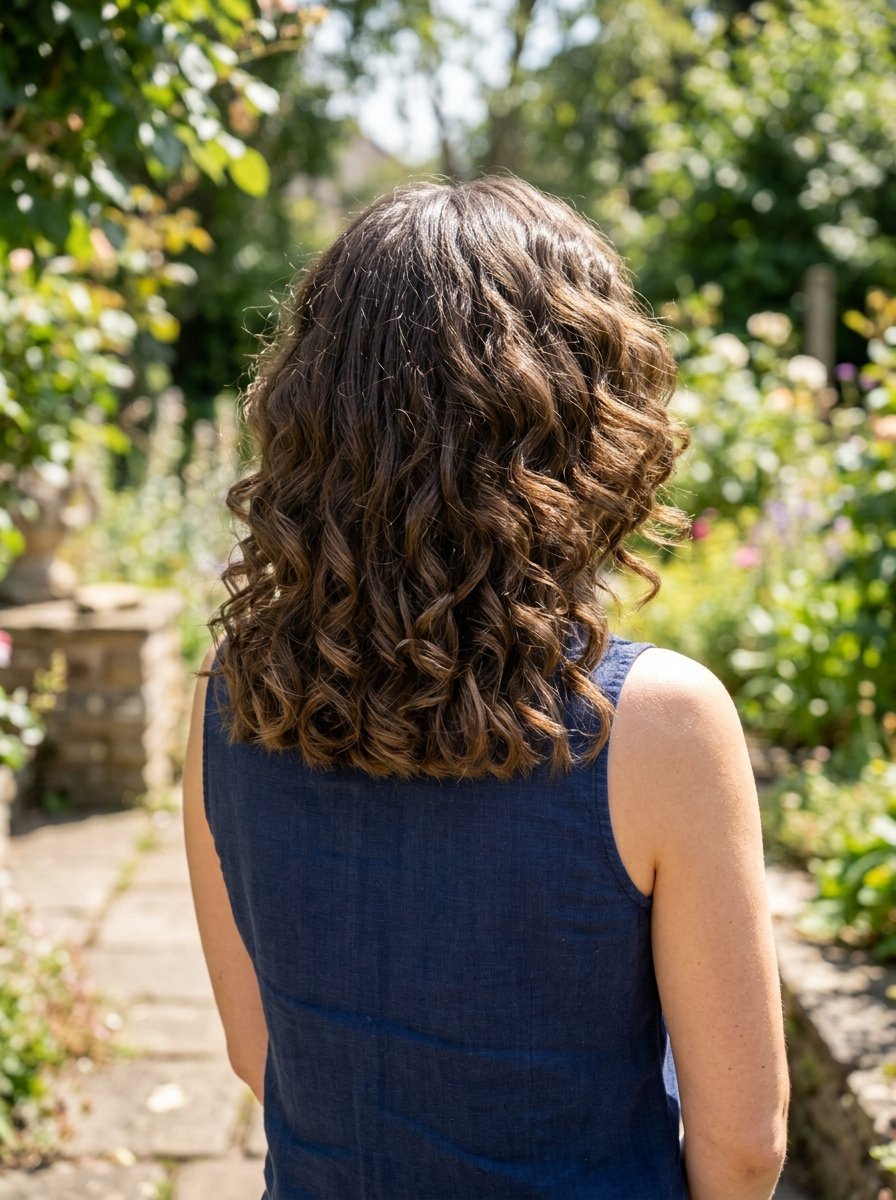 Rear view of a woman with shoulder length dark curls wearing a sleeveless navy blue linen top in a garden.