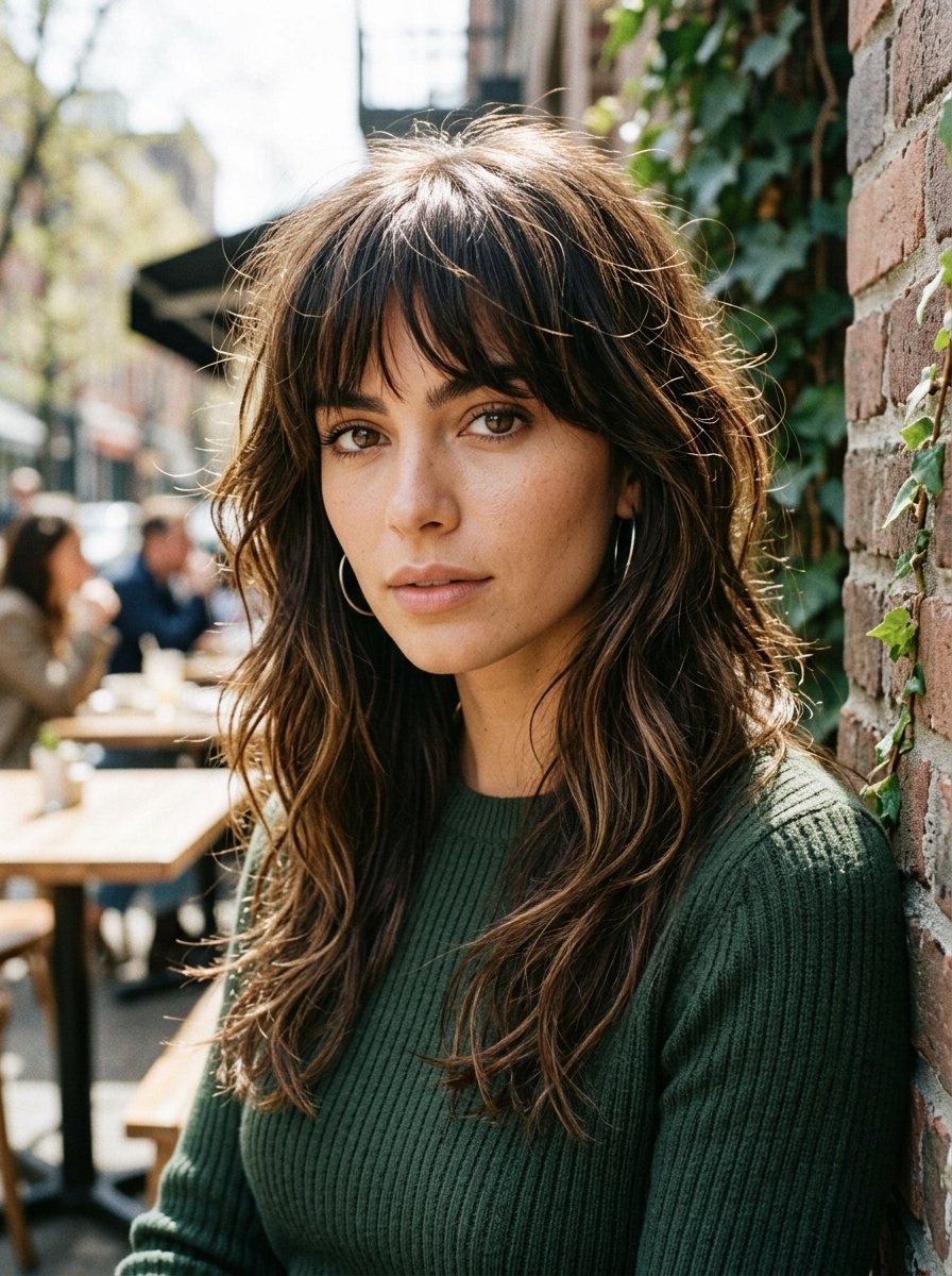 Portrait of a woman with bangs and wavy hair wearing a green ribbed sweater leaning against a brick wall.