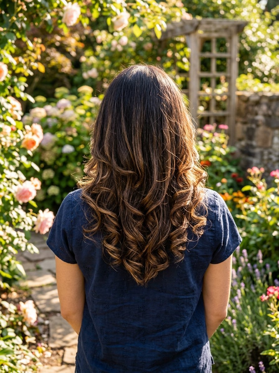 Rear view of a person with long highlighted brown wavy hair wearing a navy blue top in a sunny rose garden.