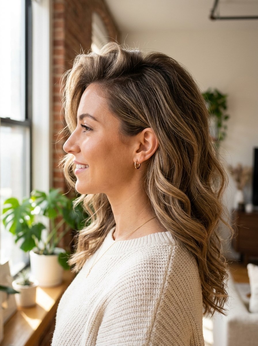 Side view of a smiling woman with long highlighted waves standing by a window with indoor plants.