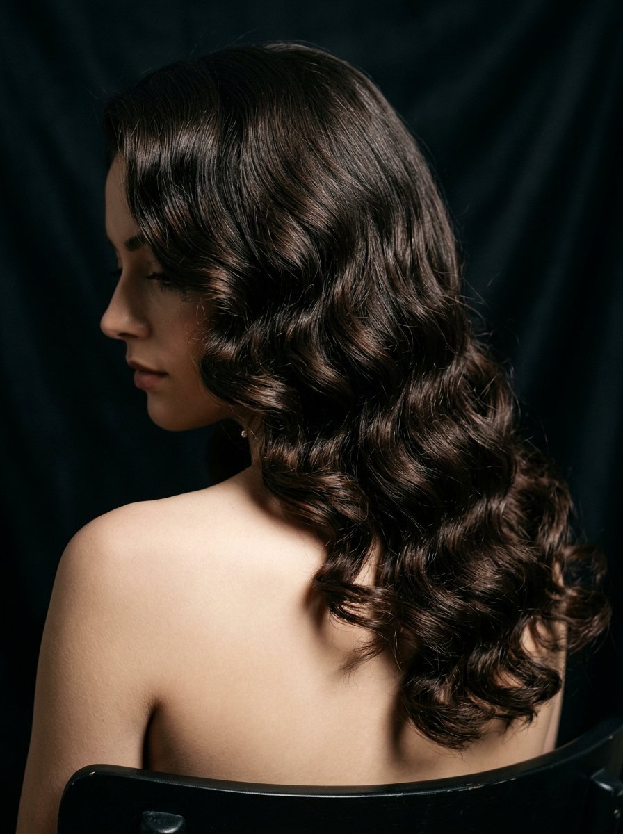 Close-up portrait of a woman with dark wavy hair and bare shoulders against a dark background.
