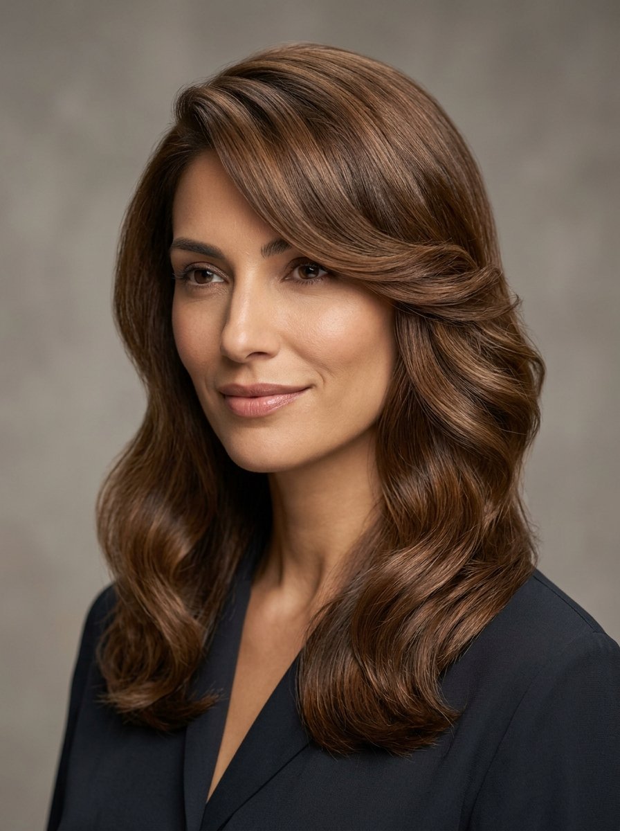 Portrait of a woman with long, side-swept wavy brown hair wearing a dark shirt.
