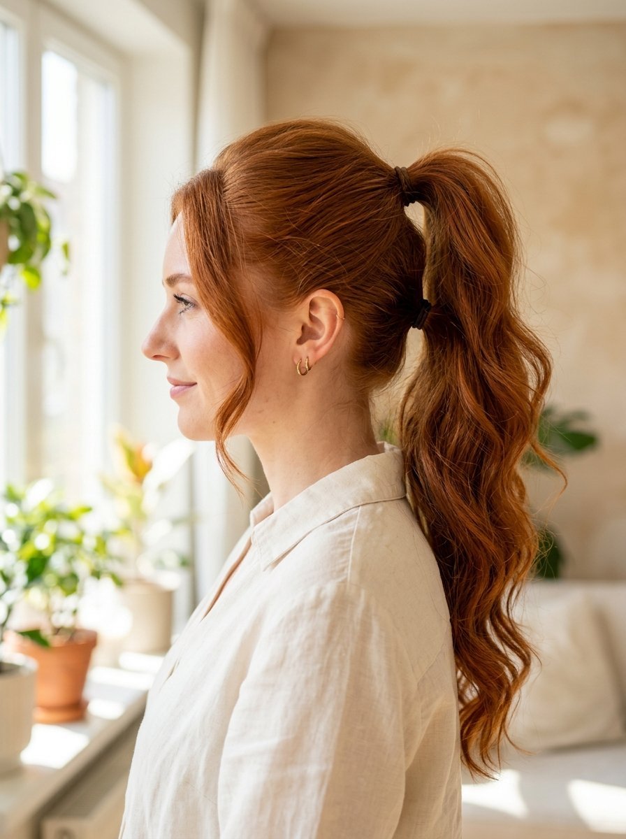 Profile of a woman with vibrant ginger hair styled in a high ponytail and wearing gold hoop earrings.