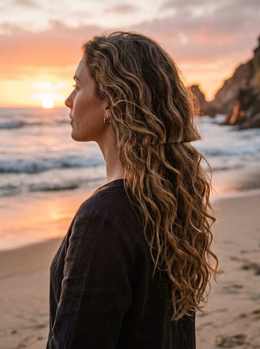 Side profile of a woman with long wavy brown hair standing on a sandy beach at sunset.