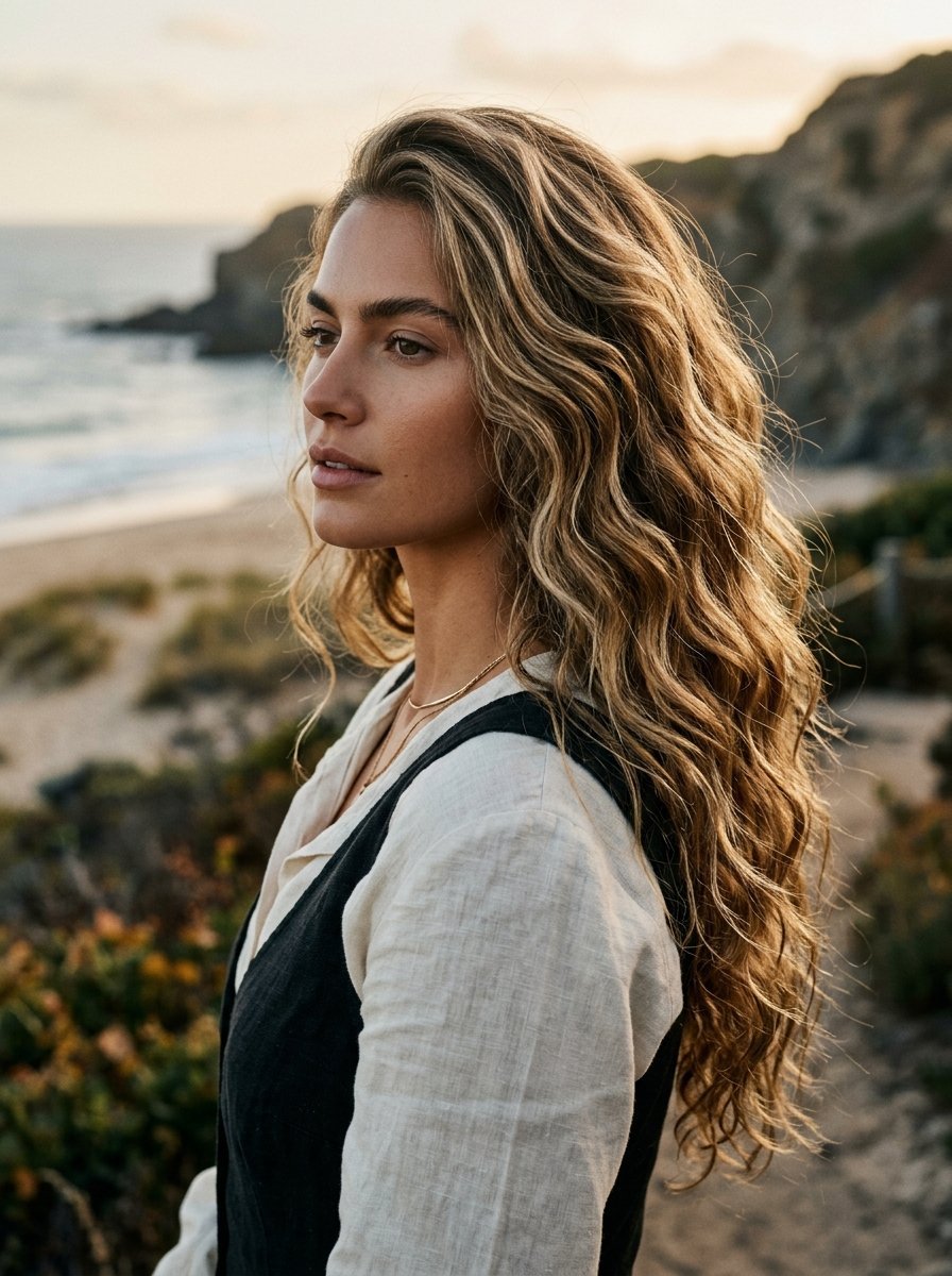Profile portrait of a young woman with long blonde hair outdoors near a coastal beach at sunset.