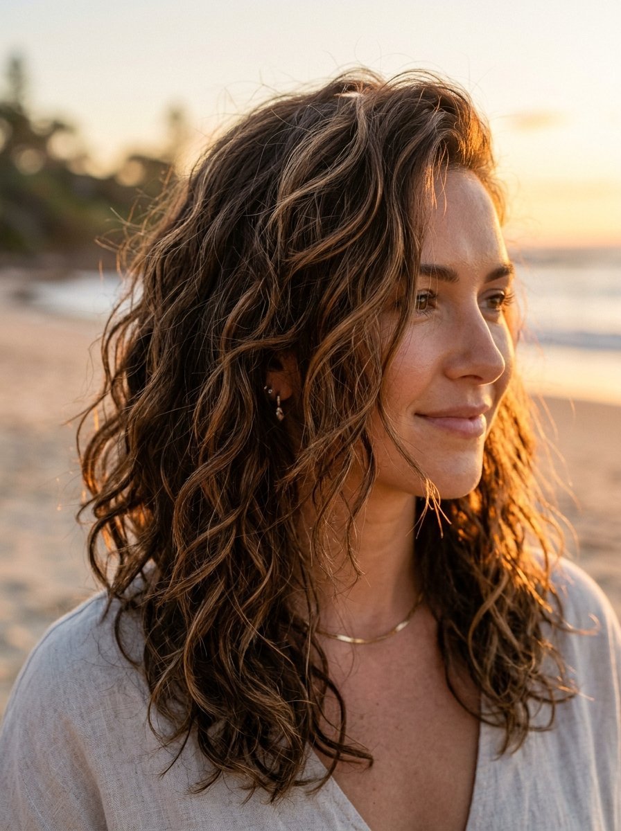 Portrait of a woman with brunette wavy hair smiling on the beach during sunset.