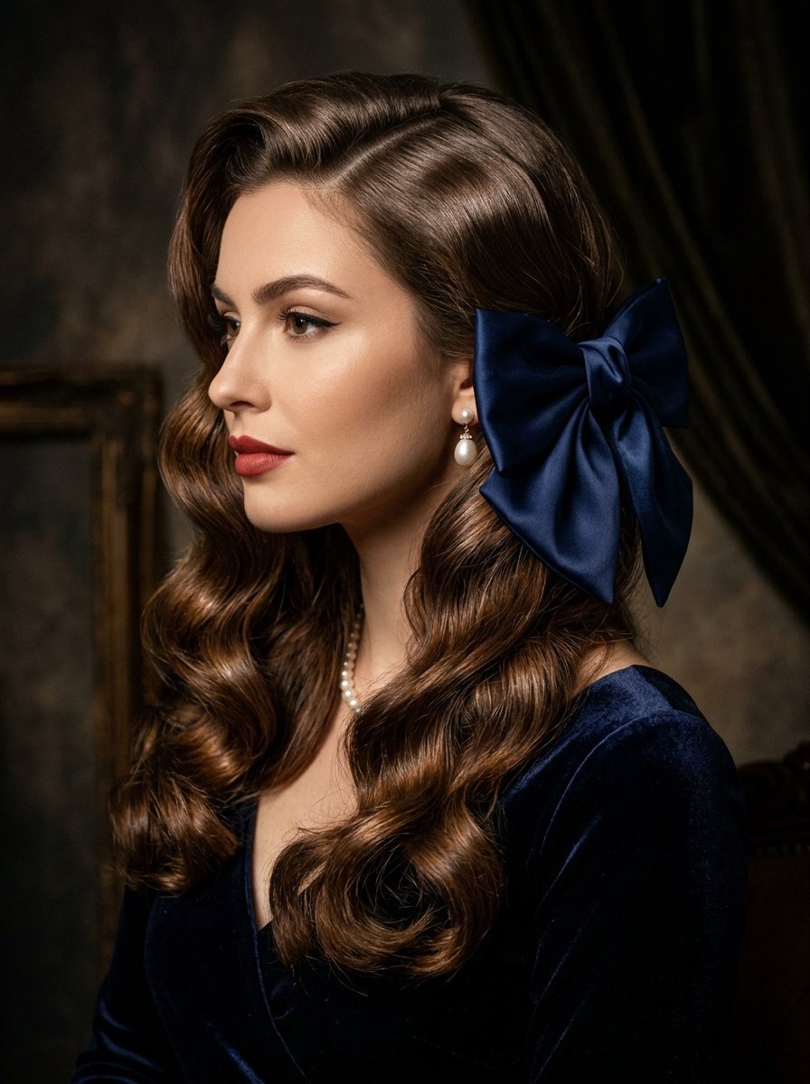 Profile view of a woman with wavy hair wearing a large dark blue satin bow and pearl drop earrings.