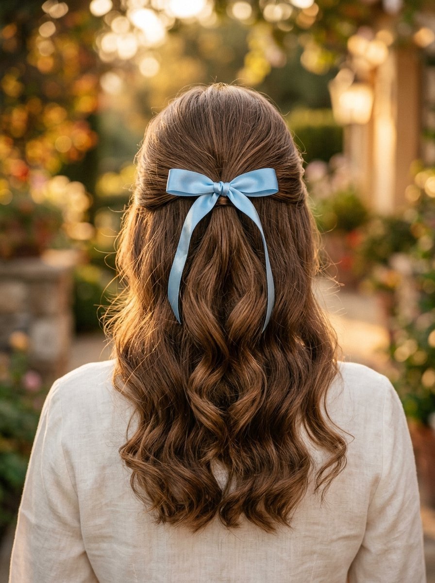 Back view of a woman with long wavy brown hair styled half-up with a soft blue satin ribbon bow.