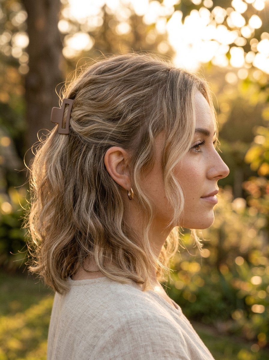 Side profile of a woman with blonde highlights wearing a brown rectangular hair clip in a garden at sunset.