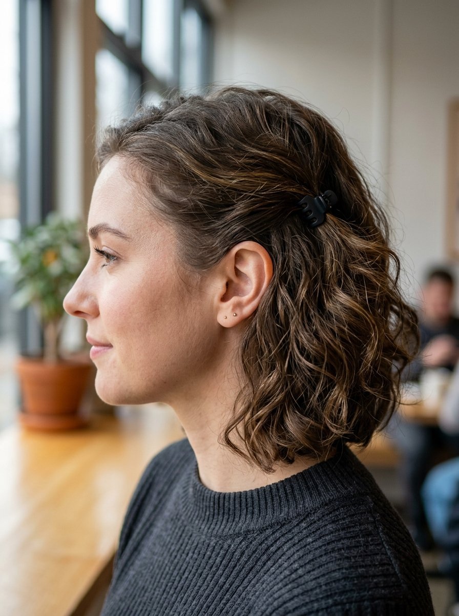 Close up of a woman with wavy brown hair pulled back with a tiny black hair clip.