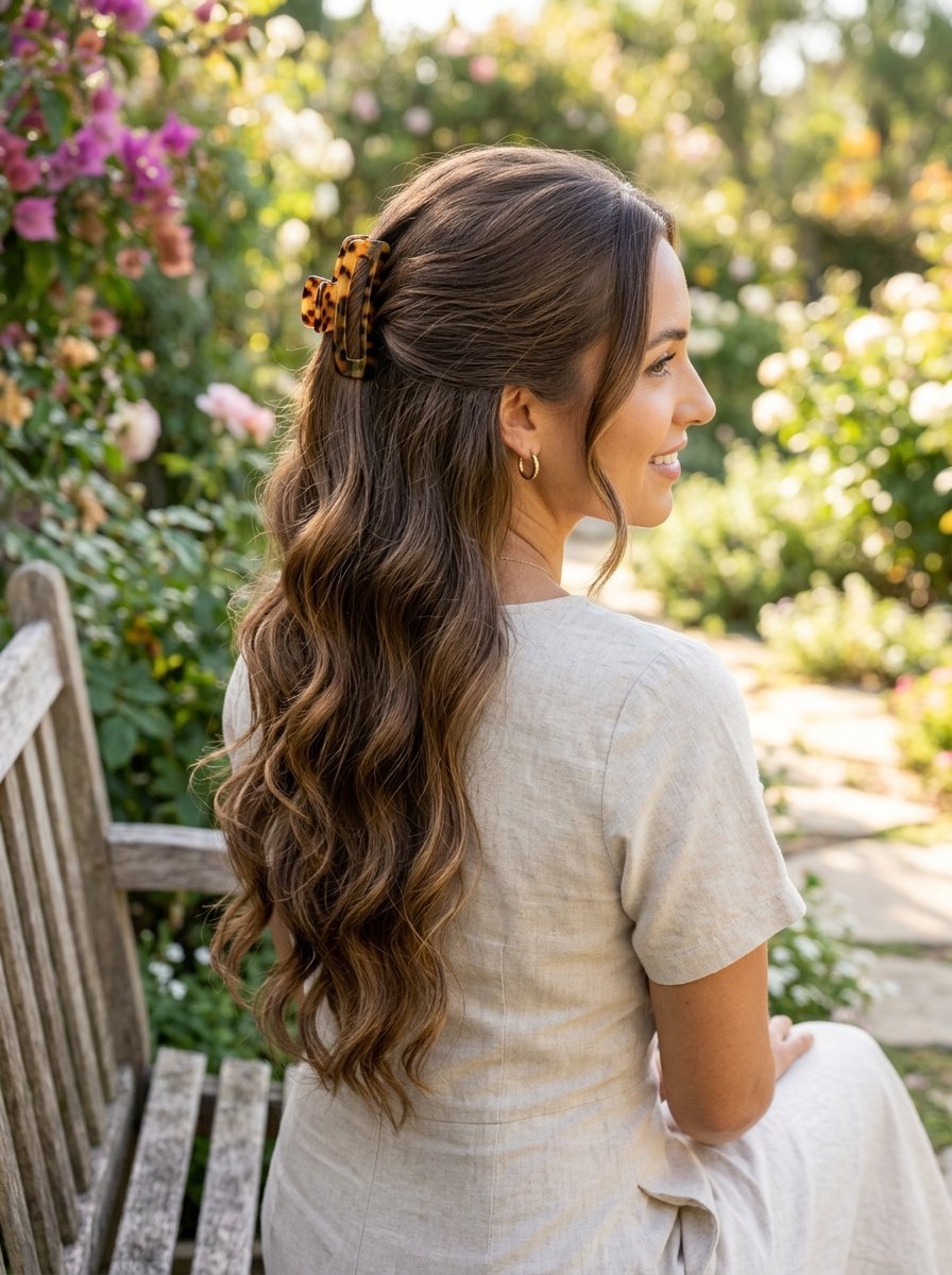 Side view of a woman with long wavy brunette hair held back with a patterned claw clip in a garden.