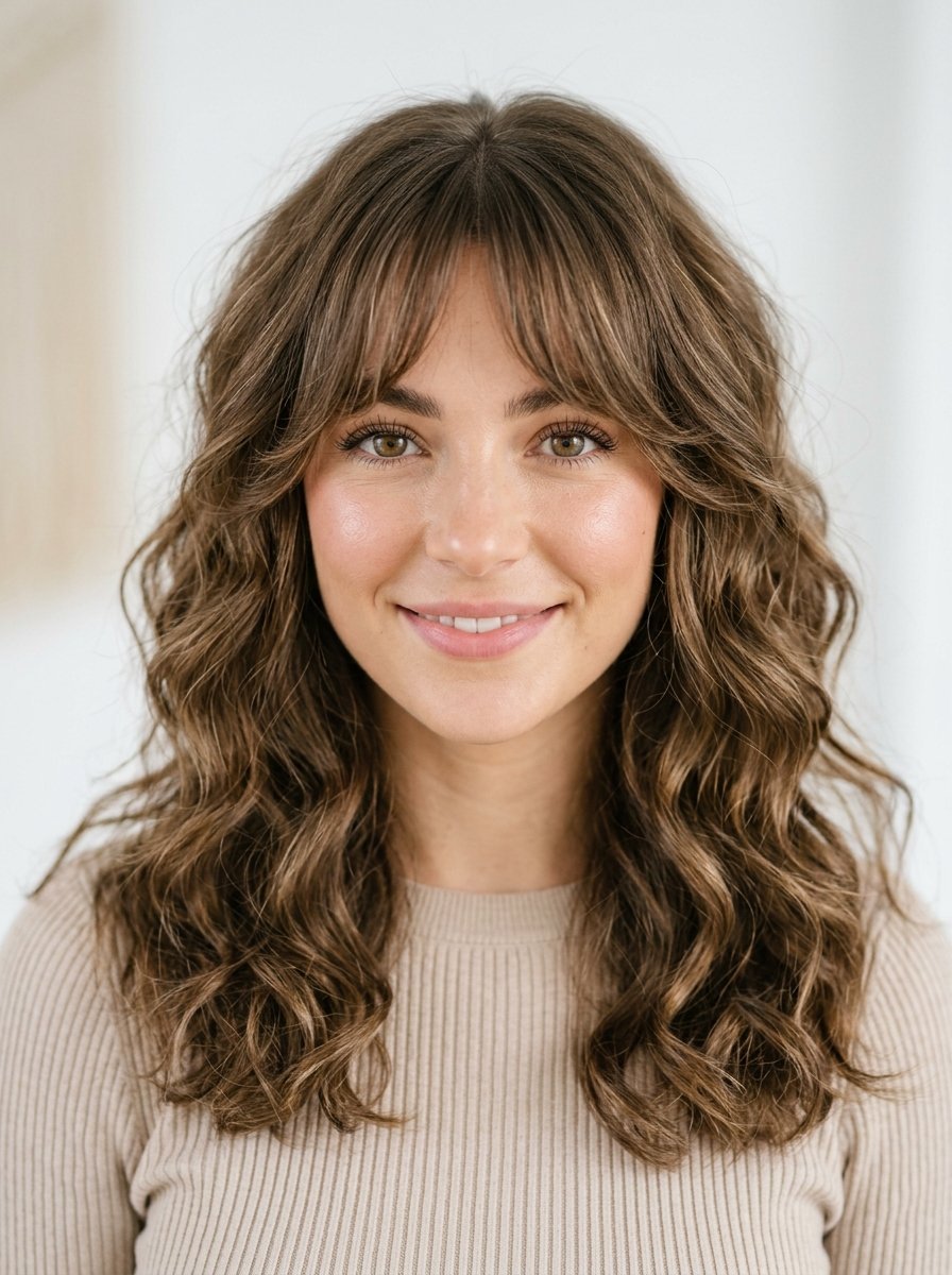 Close-up portrait of a woman with brunette wavy hair and wispy fringe bangs posing in a beige sweater.