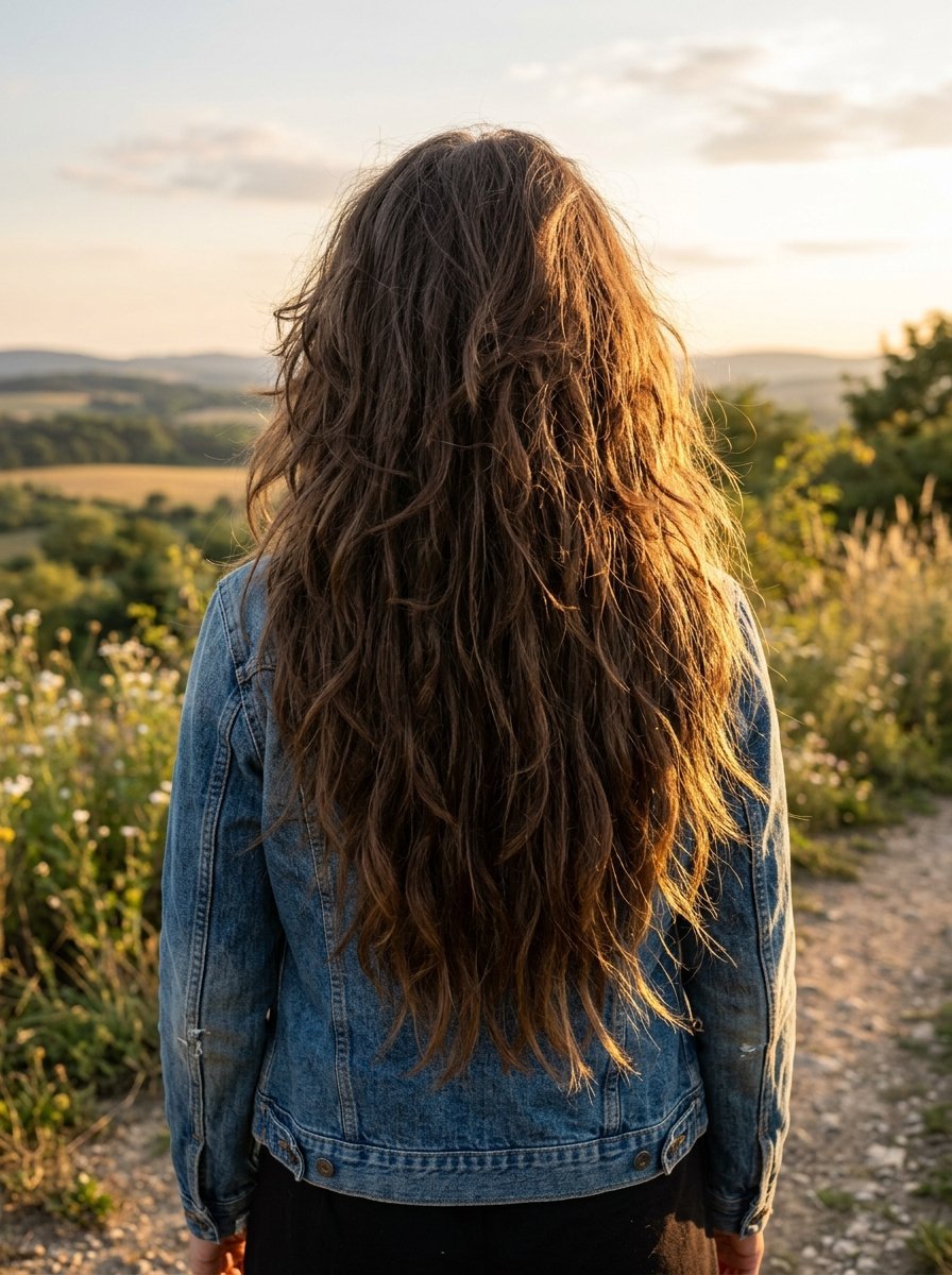 Back view of a person with long textured brown hair wearing a blue jean jacket standing in a field at sunset.