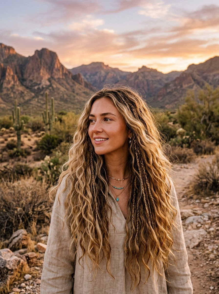 Portrait of a blonde woman with braided hair accents standing on a trail during a scenic mountain sunset.