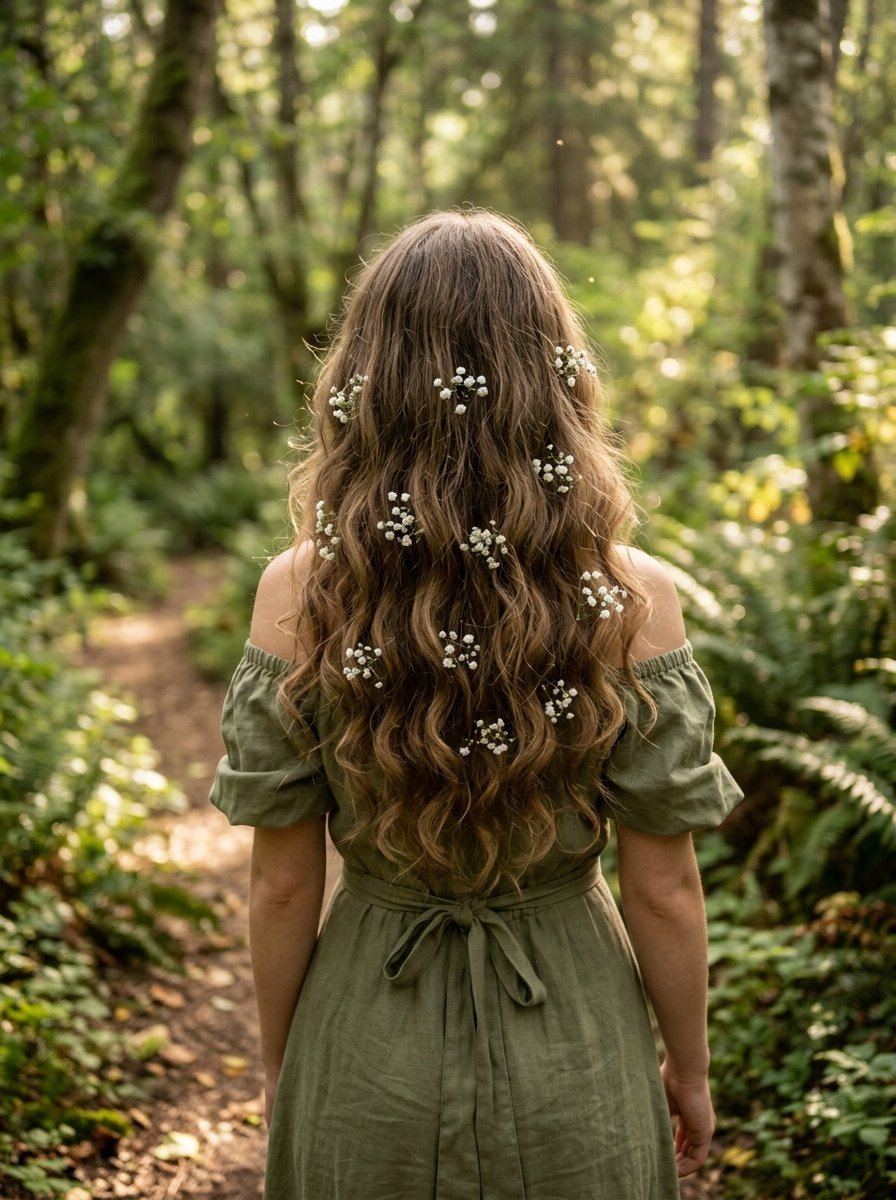 Back view of a woman with long wavy hair accented with small white flowers standing on a forest path.