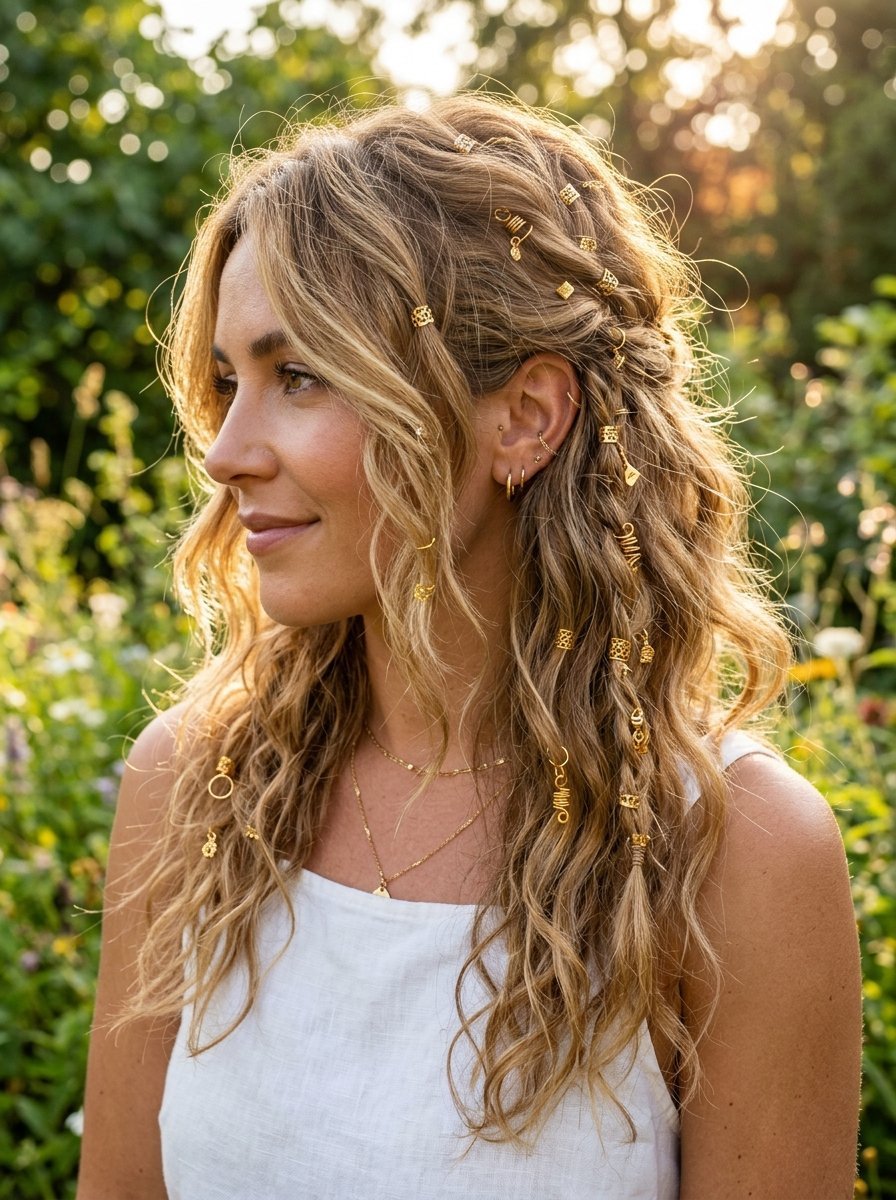 Close-up of a blonde woman wearing dainty gold hair cuffs and coils in her textured, wavy hair outdoors.