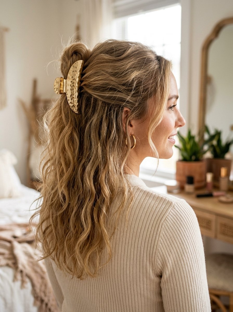 Profile view of woman with long blonde wavy hair pulled back with a textured metallic gold claw clip.