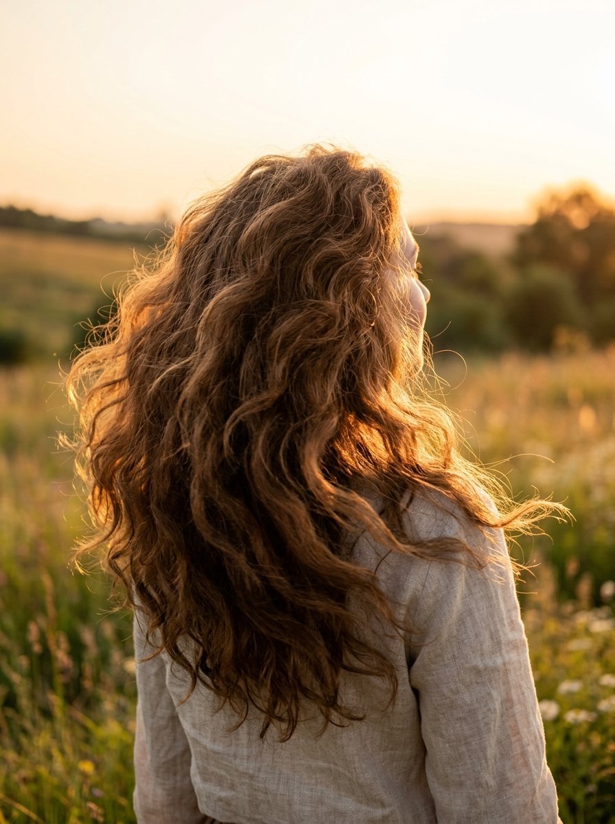 Back view of a woman with long wavy brown hair standing in a sunlit field at sunset.
