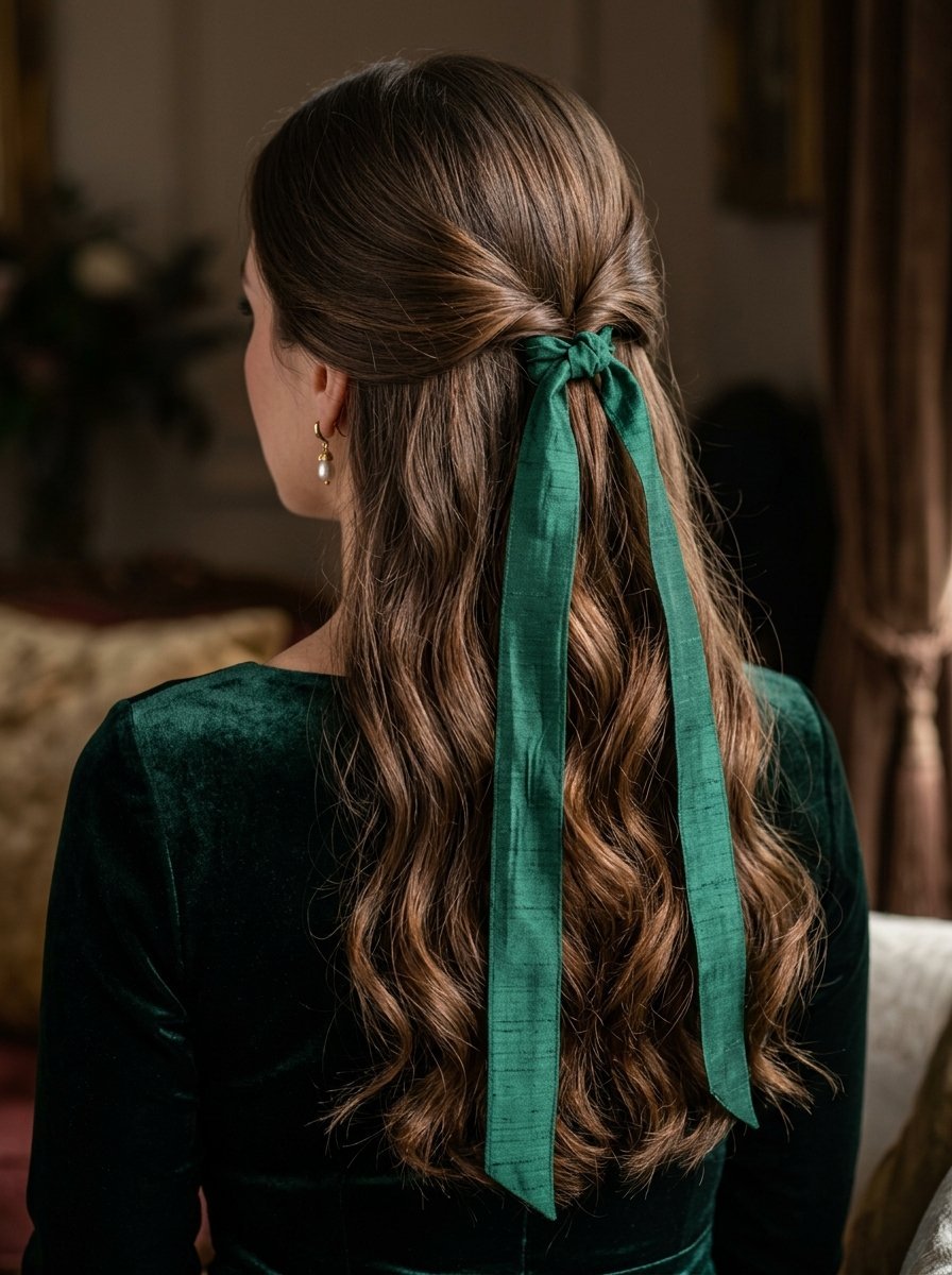 Back view of a woman with long wavy brown hair tied back with a silk green hair bow.