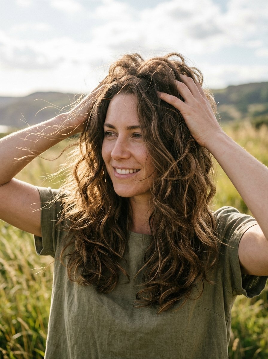 A smiling young woman in an olive green shirt with her hands in her wavy brown hair in a bright field.