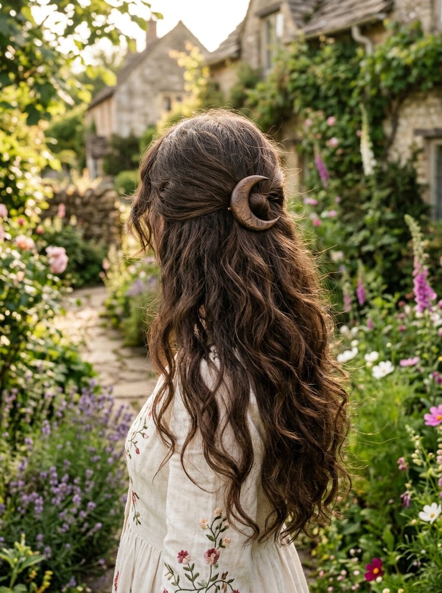 Back view of a woman with long wavy hair secured by a carved wooden crescent moon hair accessory in a garden.