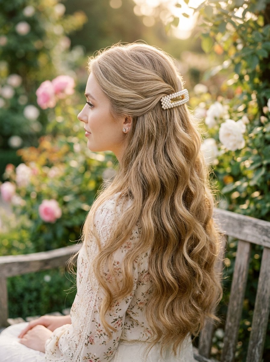 Side profile of a woman with long wavy blonde hair secured by a rectangular faux pearl hair clip in a garden.