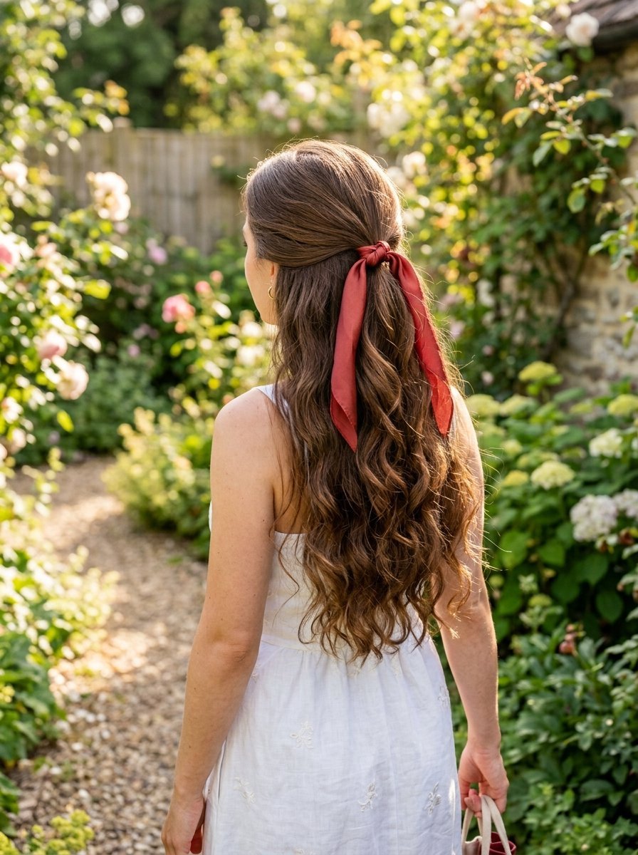 Back view of a woman in a white dress with long brown hair styled in a half-updo with a rustic red silk bow.