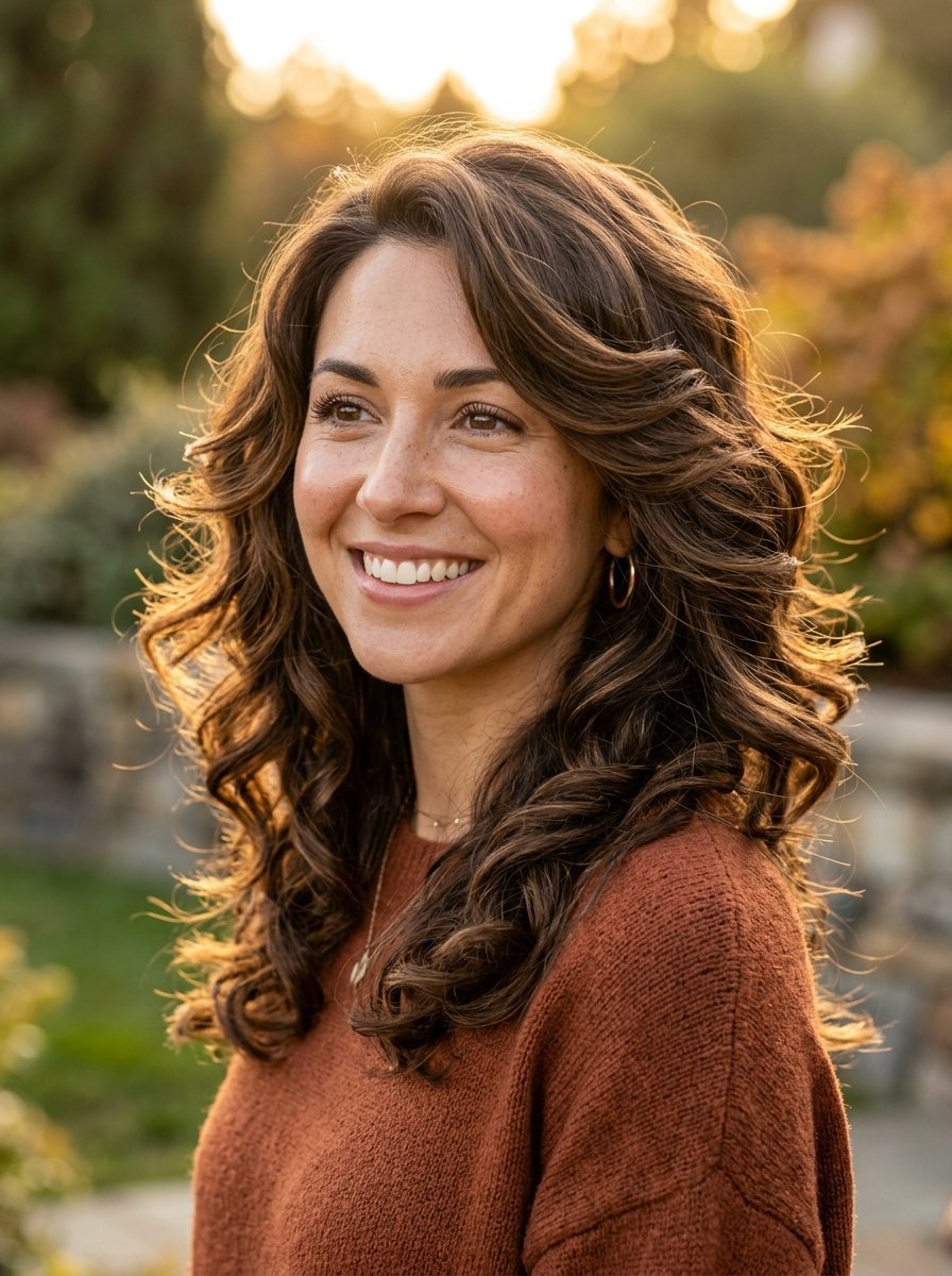 Portrait of a smiling woman with brunette wavy hair wearing a rust-colored sweater outdoors during sunset.