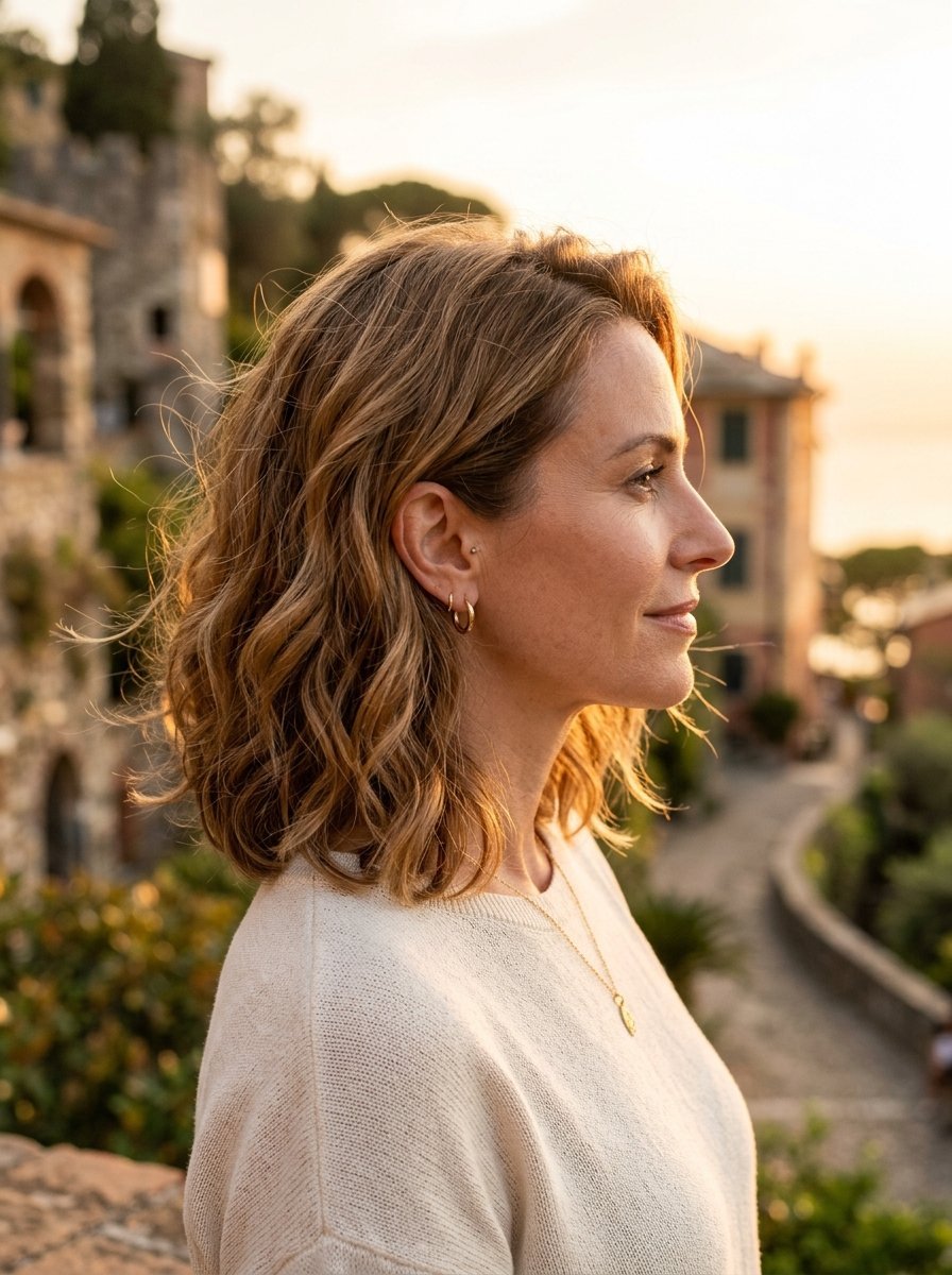 Profile view of a woman with shoulder-length wavy blonde hair wearing a beige sweater during a sunset.