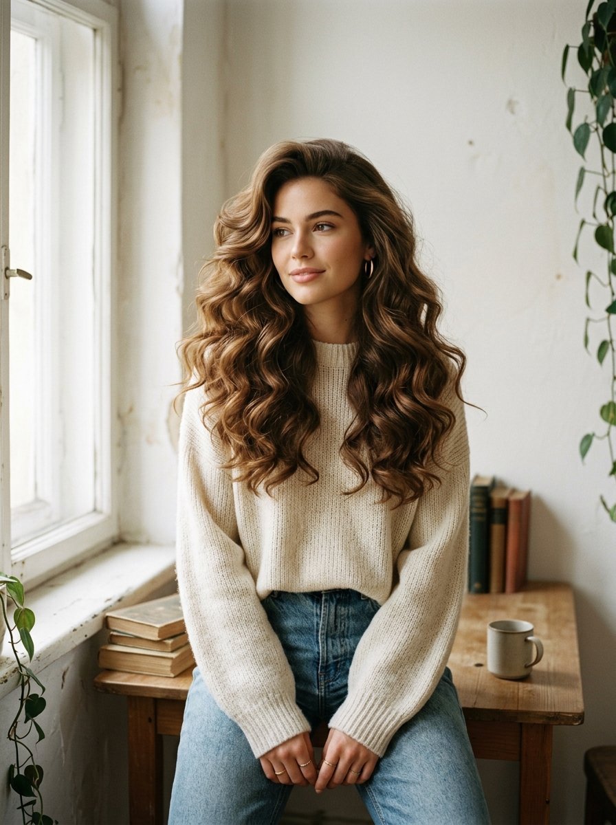 A smiling woman with long brown wavy hair sitting by a wooden desk with books and a coffee mug.