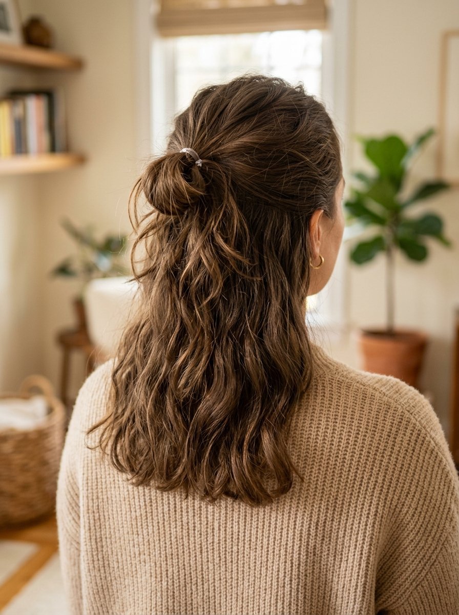 Back view of a woman wearing a beige sweater with her long, wavy brown hair pulled into a half-up messy bun.