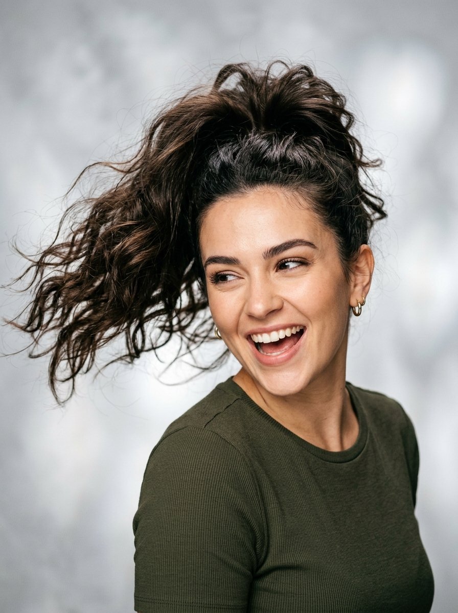 Portrait of a smiling woman with long brown wavy hair pulled up in a high messy ponytail.