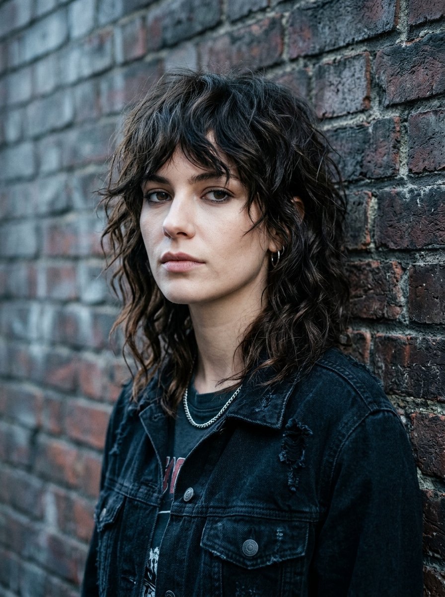 Portrait of a woman with dark wavy hair and a black denim jacket leaning against a weathered brick wall.
